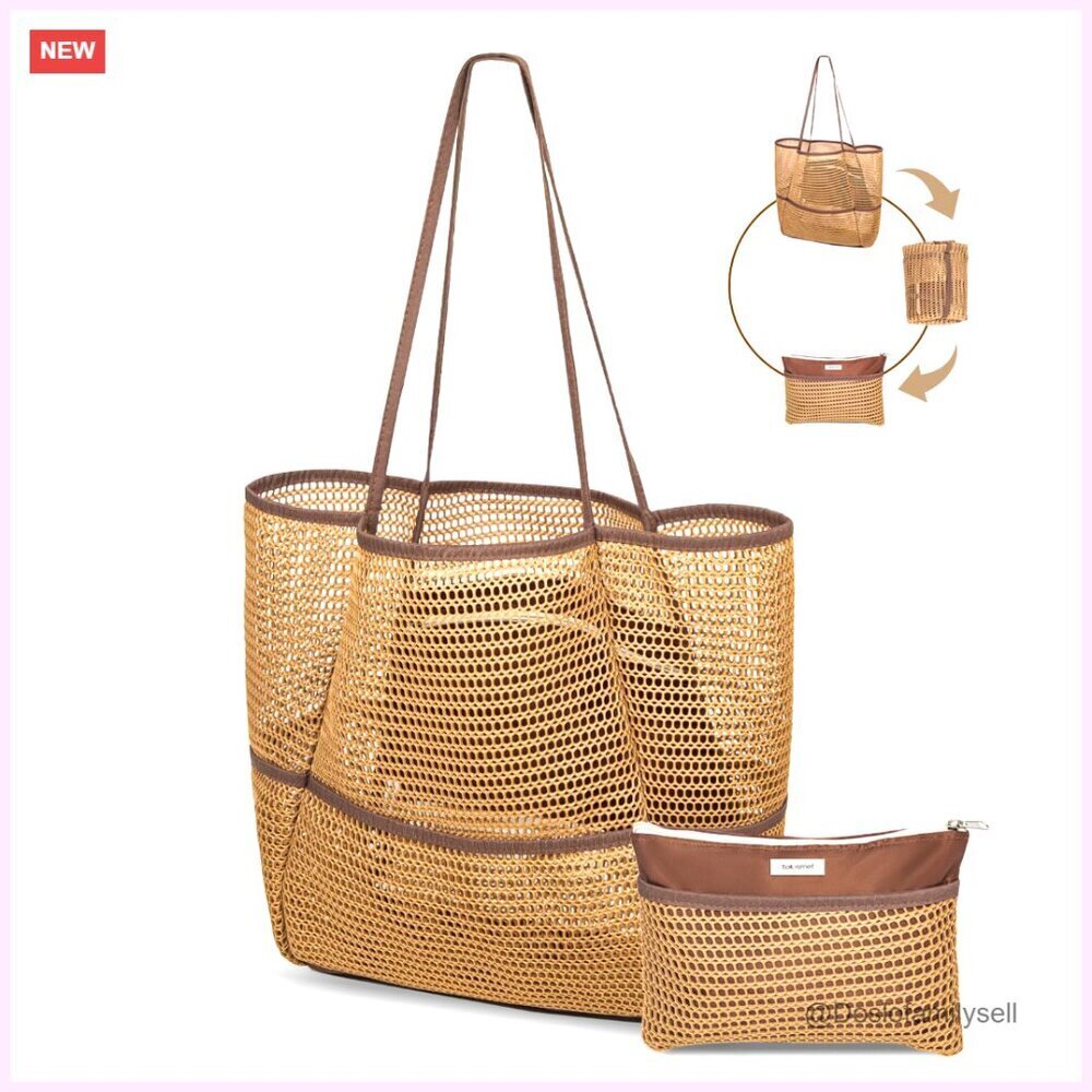 Large Packable Mesh Beach Tote Bag with Multiple Pockets